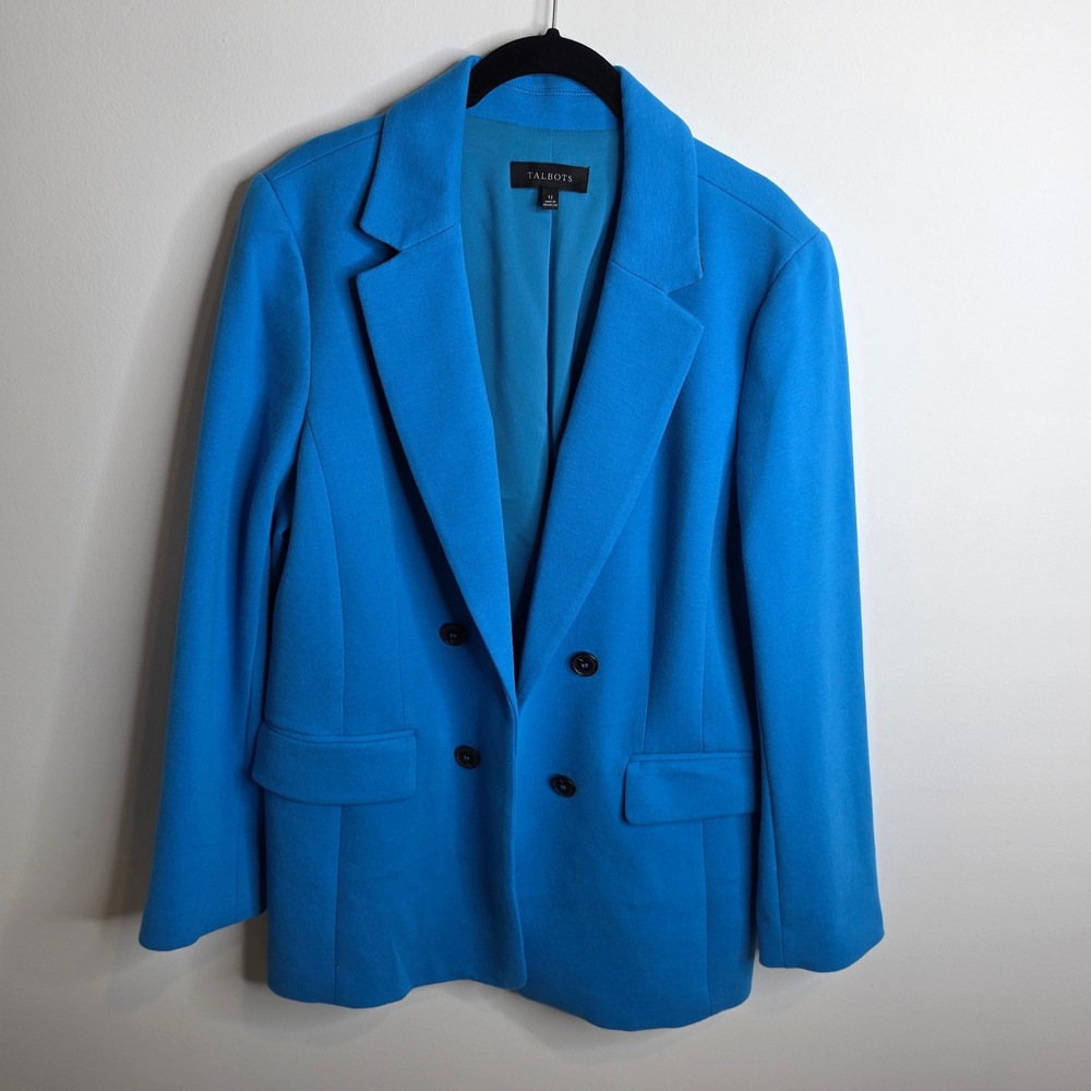 Talbots Knit Blazer Womens 12 Double Breasted Open Front  Blue